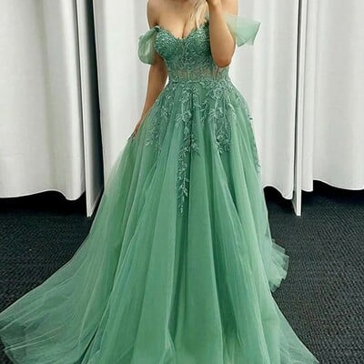 A line off the shoulder lace tulle prom dress 