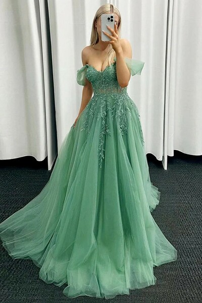 A Line Off The Shoulder Lace Tulle Prom Dress 