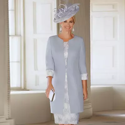 Sheath lace mother of the bride/groom dresses with short sleeves jackets bateau neck evening gowns knee length wedding guest dress