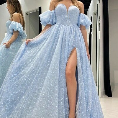 Shiny a line sweetheart neck off shoulder tulle prom dress 