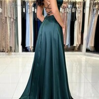 A Line Dark Green V Neck Backless Satin Prom Dress - Thumbnail 1