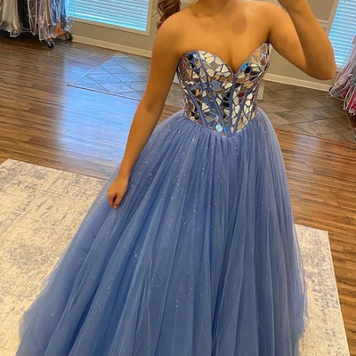 Shiny sequins strapless blue tulle prom dress 