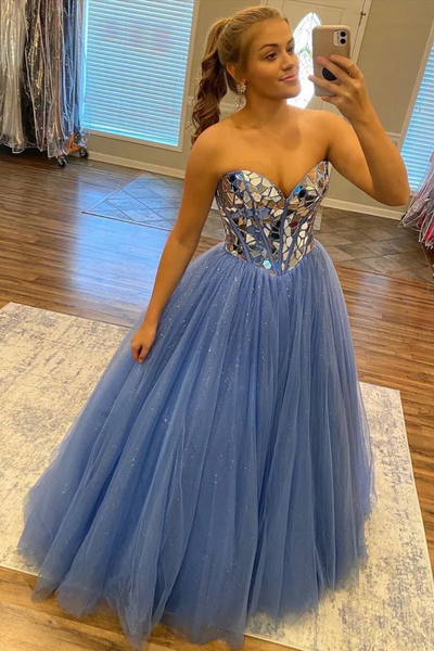 Shiny Sequins Strapless Blue Tulle Prom Dress 