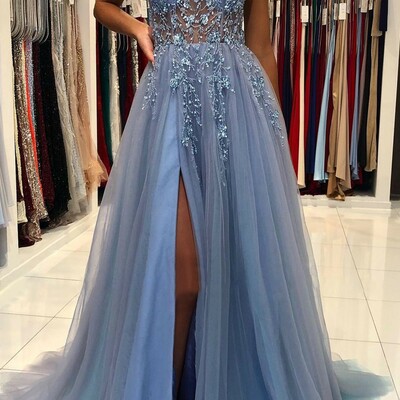 A-line v neck spaghetti straps prom dress with beading sequins split 