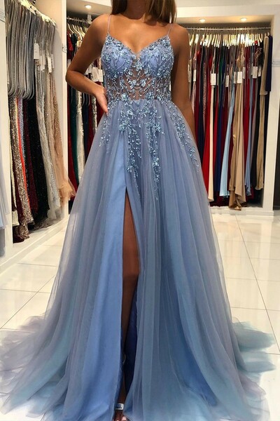 A-line V Neck Spaghetti Straps Prom Dress With Beading Sequins Split 