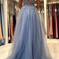 A-line V Neck Spaghetti Straps Prom Dress With Beading Sequins Split  - Thumbnail 1