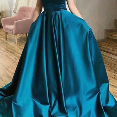 Ball gown  sweep train satin prom dress with pleated pockets 