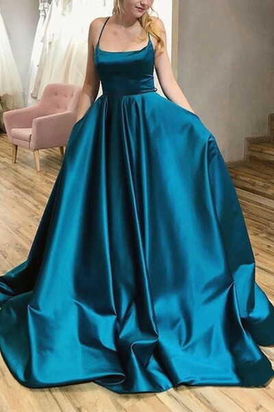 Ball Gown  Sweep Train Satin Prom Dress With Pleated Pockets 