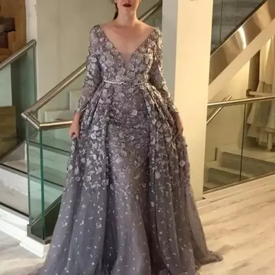 Vintage gray mother of the bride/groom dresses a line long sleeves formal godmother evening wedding party guests gowns