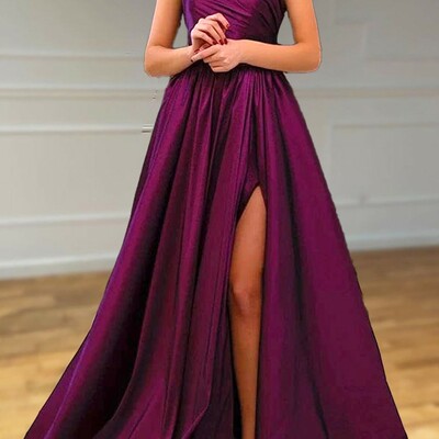 A-line one-shoulder satin prom dress with pleated split