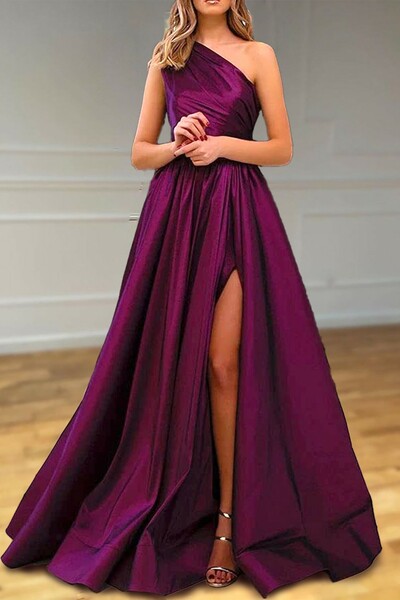 A-line One-Shoulder Satin Prom Dress With Pleated Split
