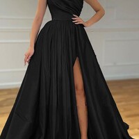 A-line One-Shoulder Satin Prom Dress With Pleated Split - Thumbnail 1