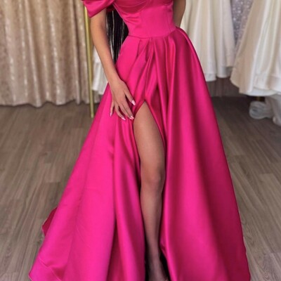 A-line off-the-shoulder short sleeve  prom dress with ruffles split 