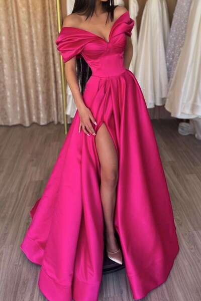 A-line Off-the-Shoulder Short Sleeve  Prom Dress With Ruffles Split 