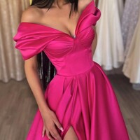 A-line Off-the-Shoulder Short Sleeve  Prom Dress With Ruffles Split  - Thumbnail 1