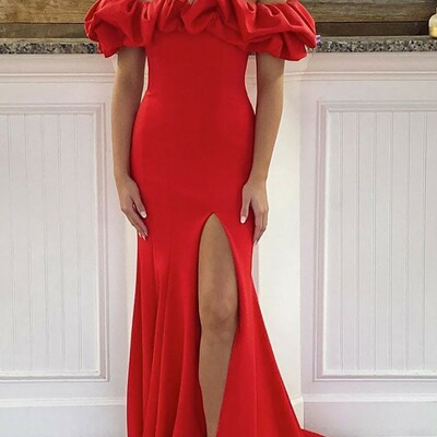 Off-the-shoulder sleeveless sweep train prom dress with ruffles split