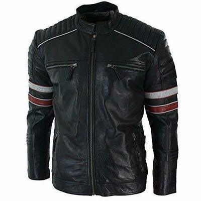 Men's Racing Black Biker Jacket Red White Stripes Real Leather Casual Fit black