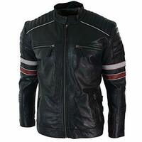 Men's Racing Black Biker Jacket Red White Stripes Real Leather Casual Fit black - Thumbnail 4