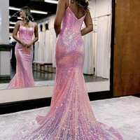 Spaghetti Strap Sequined Mermaid Prom Dress  - Thumbnail 1