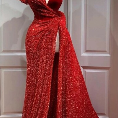 A-line sparkle shine high split prom dress v neck short sleeve