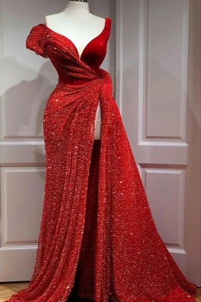 A-Line Sparkle Shine High Split Prom Dress V Neck Short Sleeve