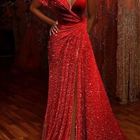 A-Line Sparkle Shine High Split Prom Dress V Neck Short Sleeve - Thumbnail 1