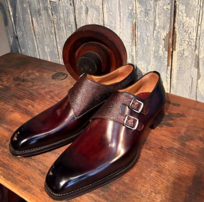 Double Monk Strap Handmade Burgundy Dress Formal Shoes Wedding Wear