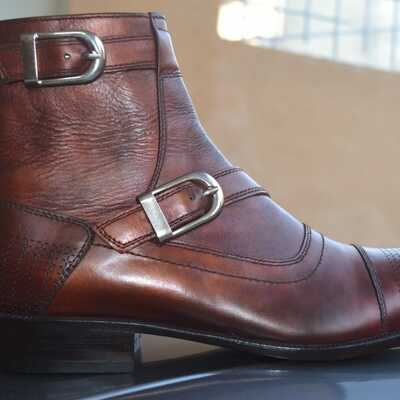 Crafted leather classic bespoke shoes brown leather double buckle jodhpur dress boot