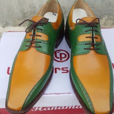 Crafted leather men's elegant and classic brown green leather lace up oxford dress shoes - Thumbnail 3