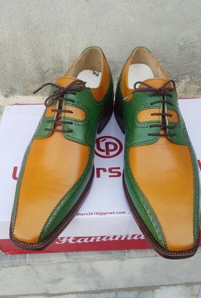 Crafted Leather Men's Elegant and Classic Brown Green Leather Lace up Oxford Dress Shoes