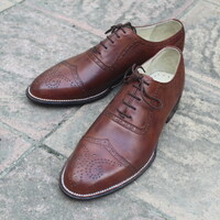 Crafted Leather Classic Brown Leather Wingtip Oxford Dress Shoes - Thumbnail 4