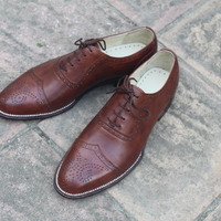 Crafted Leather Classic Brown Leather Wingtip Oxford Dress Shoes - Thumbnail 7