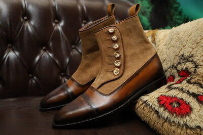 Crafted Leather Classic Dress Shoes Brown Patina and Brown Ankle High Button Boot