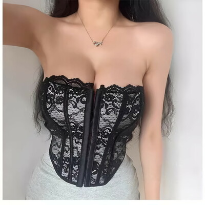 Front button lace lace sexy temptation fishbone slim waist strapless tube top - Thumbnail 4