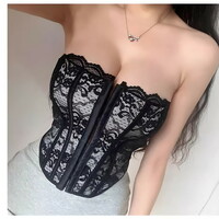 Front button lace lace sexy temptation fishbone slim waist strapless tube top - Thumbnail 5