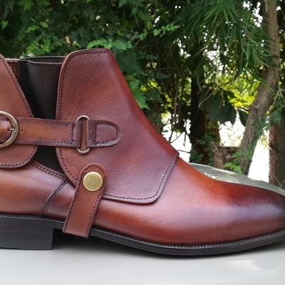 New handmade men's chelsea boot,men's burgundy leather chelsea buckle fashion b