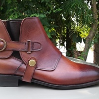 New Handmade Men's Chelsea Boot,Men's Burgundy Leather Chelsea Buckle Fashion B - Thumbnail 4