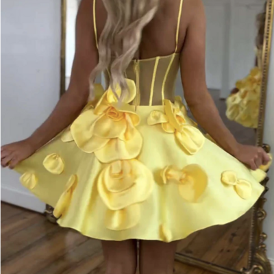 Yellow short homecoming dresses with 3d flowers