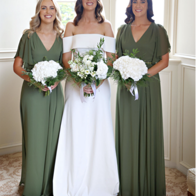 V neck bridesmaid dresses cap sleeves sage green