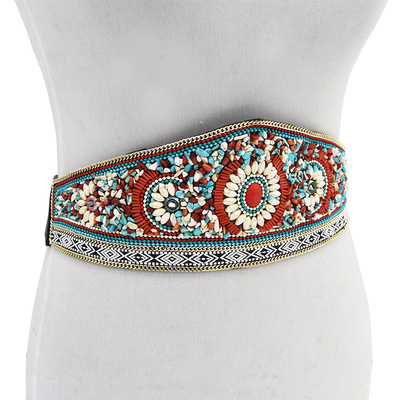 Handmade Bohemian Elastic Beaded Waist Vintage Renaissance Belt Flower Pattern Wide Waist Seal