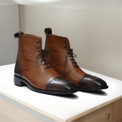 Handmade Cap Toe Ankle High Genuine Cowhide Leather Boot For Men's