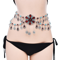 Boho Rhinestone Layered Metal Rhinestone Waist Chain Fringe Coin Belly Dance Body Jewelry - Thumbnail 1