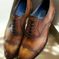 Ubique Men's Hand Stitch Brown Black Tone Shoes, Genuine Leather Lace Up Shoes - Thumbnail 1