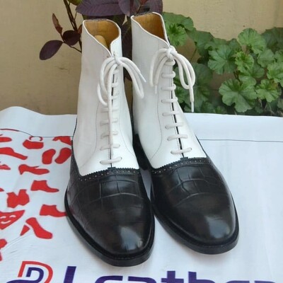 Crafted leather classic dress shoes black white crocodile/alligator ankle high lace up boot  - Thumbnail 4
