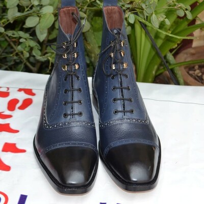 Crafted leather classic dress shoes blue leather ankle high boot - Thumbnail 2