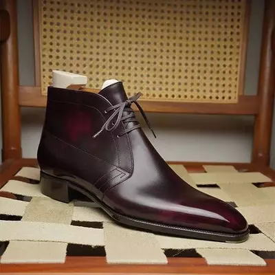 Handmade men's burgundy leather chukka chiseled toe ankle lace up dress boots