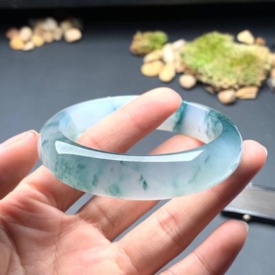 Ice seed floating flower jade bracelet, floating blue flower jade bracelet, women's original stone, clear water jade jade bracelet