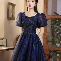 Blue Tulle Sequins Long Prom Dress - Thumbnail 1