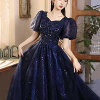 Blue Tulle Sequins Long Prom Dress - Thumbnail 2