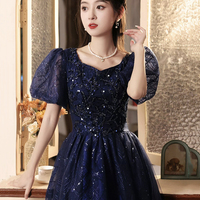 Blue Tulle Sequins Long Prom Dress - Thumbnail 3